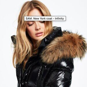 Sam.Infinity Down Couture Jacket, Jet Black Gloss, Real Fur Trim Hood, Size S